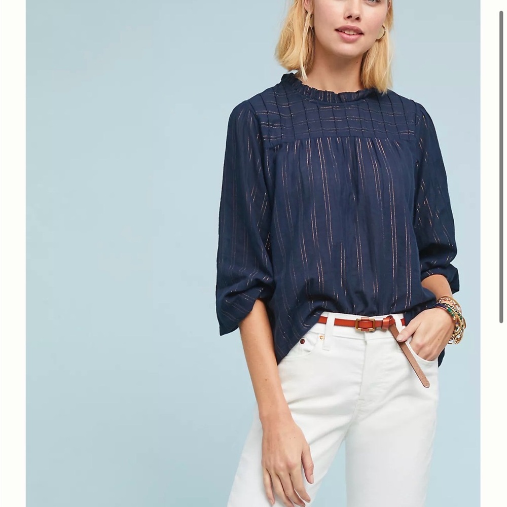 Maeve Reston Blouse Blue Navy with Gold Metallic Stripes Long Sleeve Top Size M